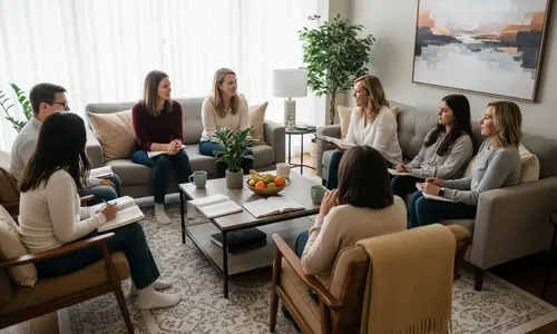 Eine Gruppe von Erwachsenen sitzt in einem gemütlichen Wohnzimmer um einen Couchtisch mit Bibeln, Notizbüchern und Tassen.