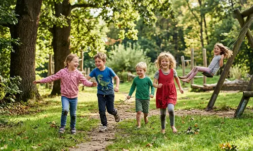 Fünf Kinder rennen lachend über einen Waldweg auf einer sonnigen Wiese, im Hintergrund schaukelt ein Mädchen auf einer Holzschaukel.