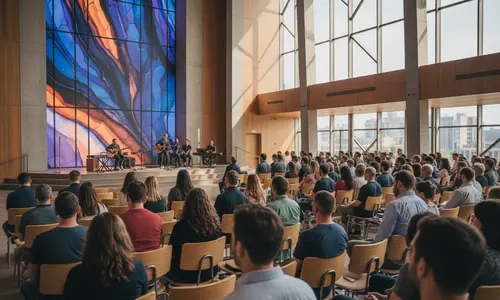Gottesdienst in einem modernen Saal mit großem buntem Glasfenster: Menschen sitzen in Stuhlreihen, vorne spielt eine Band auf der Bühne.