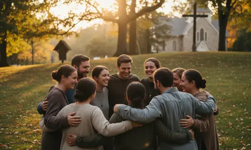 Gruppe junger Erwachsener steht Arm in Arm in einem Kreis auf einer herbstlichen Wiese, im Hintergrund eine Kirche und ein Holzkreuz.