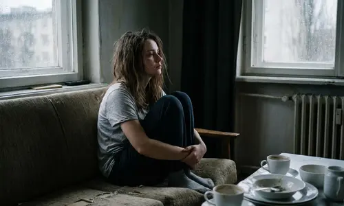 Eine junge Frau sitzt mit angezogenen Knien auf einem alten Sofa und schaut aus dem Fenster, daneben ein Tisch mit benutztem Geschirr.