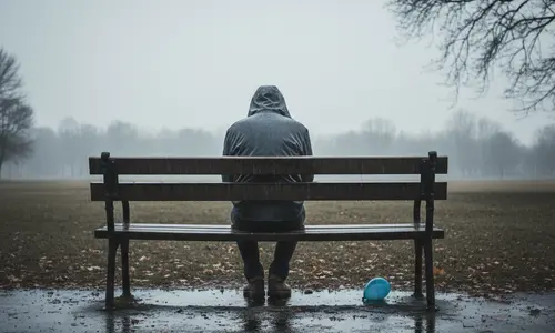 Person mit Kapuze sitzt von hinten gesehen allein auf einer nassen Parkbank im Nebel, am Boden liegt ein blauer Luftballon.