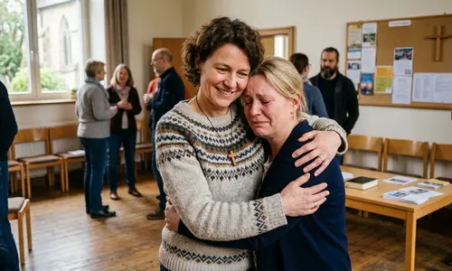 Zwei Frauen umarmen sich in einem Gemeinderaum, eine weint, die andere lächelt, im Hintergrund unterhalten sich weitere Menschen.