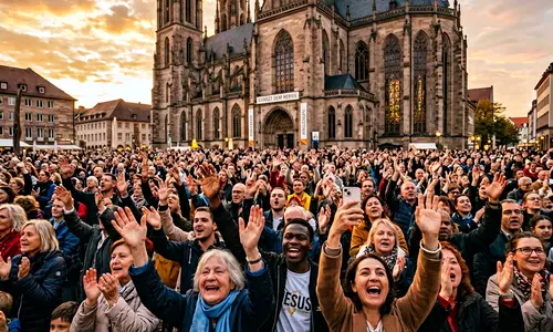 Eine große Menschenmenge jubelt mit erhobenen Händen auf einem Platz vor einer gotischen Kirche im Abendlicht.