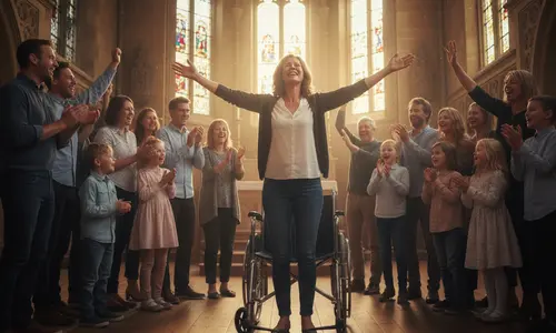 Frau steht mit ausgebreiteten Armen vor einem leeren Rollstuhl in einer Kirche, um sie herum jubeln und klatschen Erwachsene und Kinder.