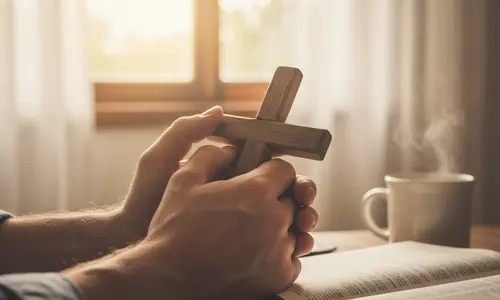 Zwei Hände halten ein kleines Holzkreuz, darunter eine aufgeschlagene Bibel, daneben eine dampfende Tasse vor einem hellen Fenster.