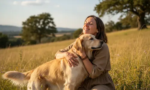Lächelnde Frau mit geschlossenen Augen umarmt einen Golden Retriever auf einer sonnigen Wiese mit Bäumen im Hintergrund.
