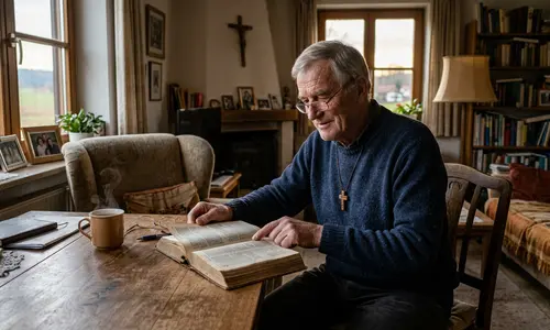 Älterer Mann mit Brille und Kreuzanhänger sitzt lächelnd an einem Holztisch und liest in einer Bibel, neben ihm eine Tasse, an der Wand ein Kruzifix.