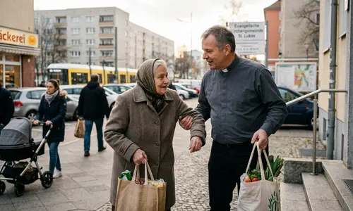 Ein Pfarrer mit Kollar hilft einer älteren Frau mit Kopftuch und Einkaufstasche auf dem Gehweg einer Stadtstraße und trägt eine zweite Tasche.