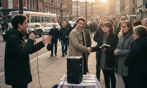Ein junger Mann spricht mit Mikrofon auf einem Gehweg in der Stadt, daneben schüttelt ein Mann einer Frau mit Bibel die Hand, Passanten hören zu.
