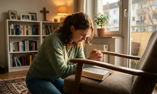 Junge Frau kniet vor einem Sessel mit aufgeschlagener Bibel und betet mit gefalteten Händen, im Wohnzimmer ein Bücherregal und ein Holzkreuz.