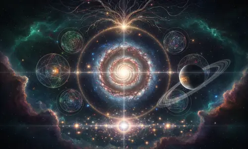 Eine leuchtende Spiralgalaxie im Sternenhimmel, umgeben von Kreisen mit geometrischen Mustern, einem Planeten mit Ring und Lichtstrahlen.