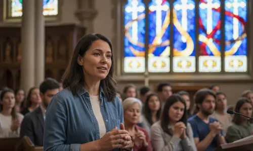 Frau in Jeanshemd erzählt vor einer Gemeinde in einer Kirche, die Zuhörer hören mit gefalteten Händen zu, hinten ein Buntglasfenster mit Kreuzen.