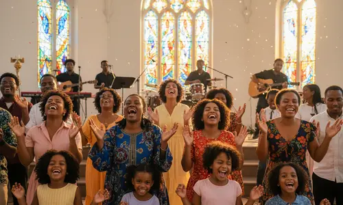 Eine Gemeinde aus Kindern und Erwachsenen singt mit erhobenen Händen und strahlenden Gesichtern in einer Kirche, dahinter eine Band.